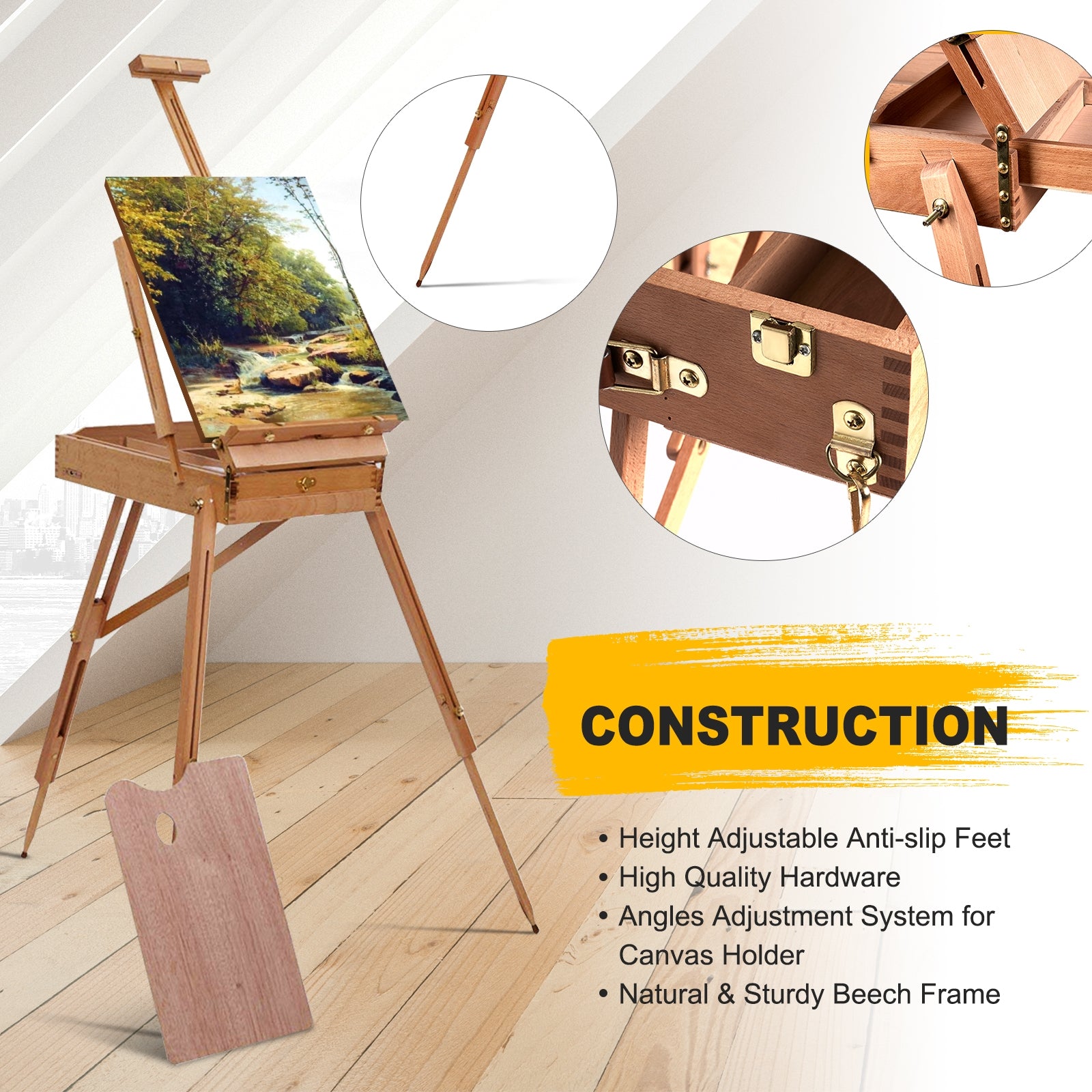 Tripod Folding French Wooden Easel with Sketch Box, Brown Art Easels at Gallery Canada