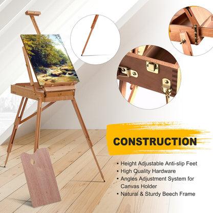 Tripod Folding French Wooden Easel with Sketch Box, Brown Art Easels at Gallery Canada