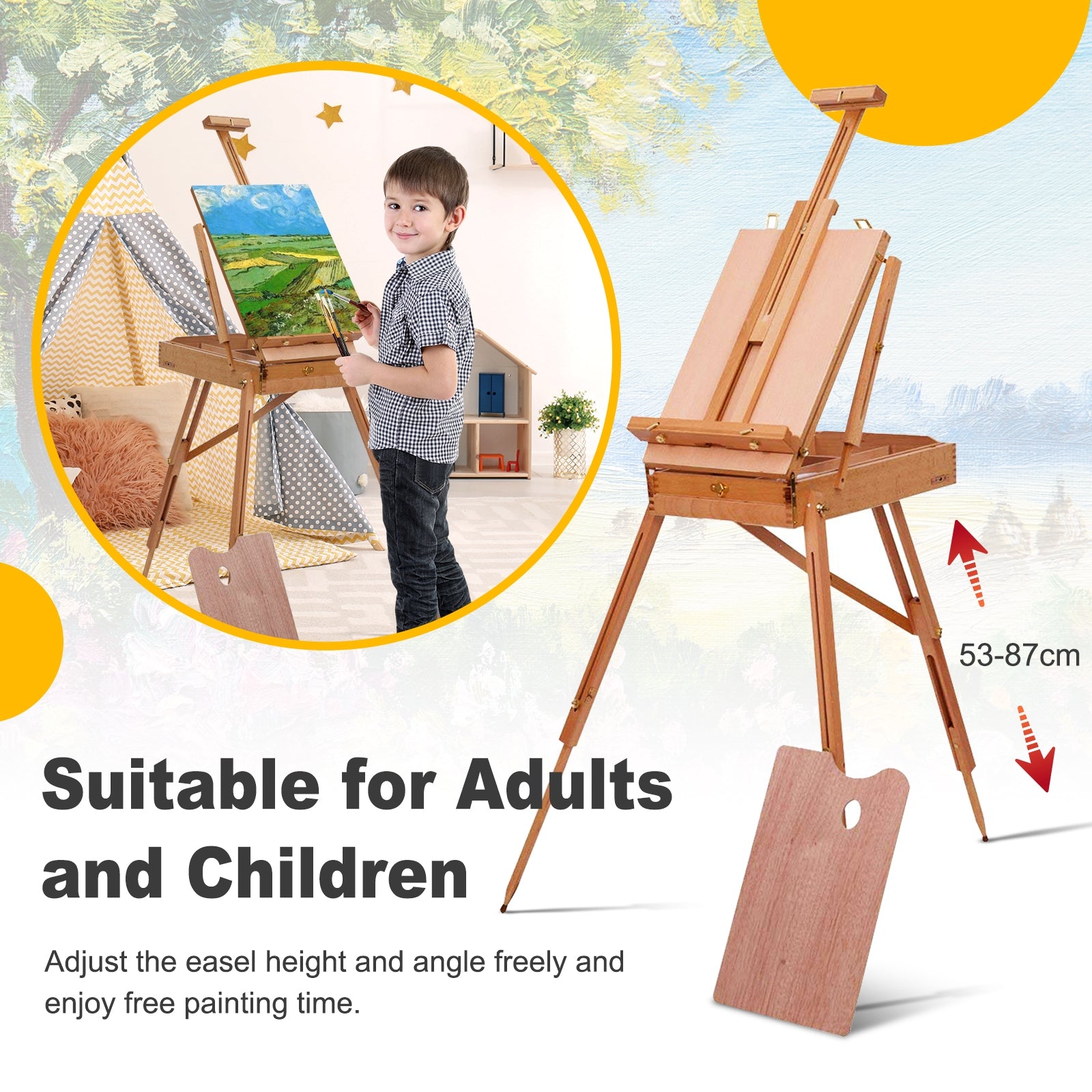 Tripod Folding French Wooden Easel with Sketch Box, Brown Art Easels at Gallery Canada
