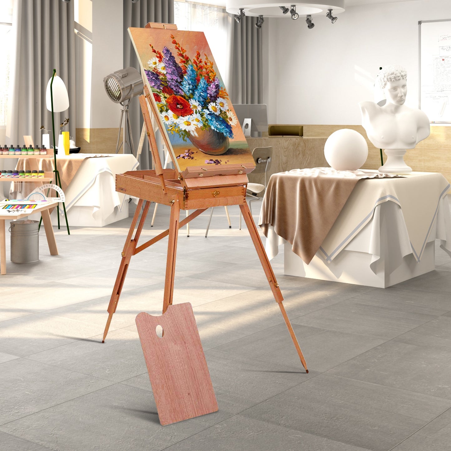 Tripod Folding French Wooden Easel with Sketch Box, Brown Art Easels at Gallery Canada