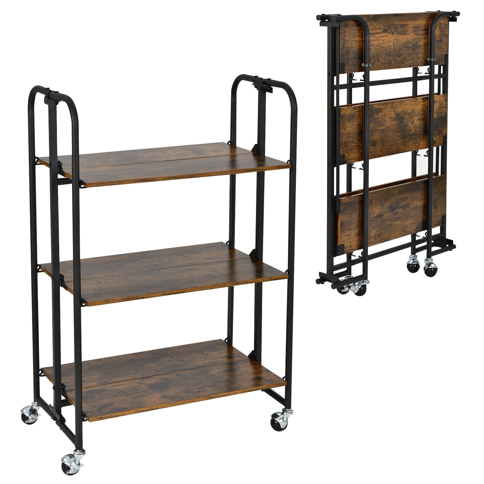 Foldable Rolling Cart with Storage Shelves for Kitchen-3-Tier, Rustic Brown Kitchen Islands & Carts at Gallery Canada