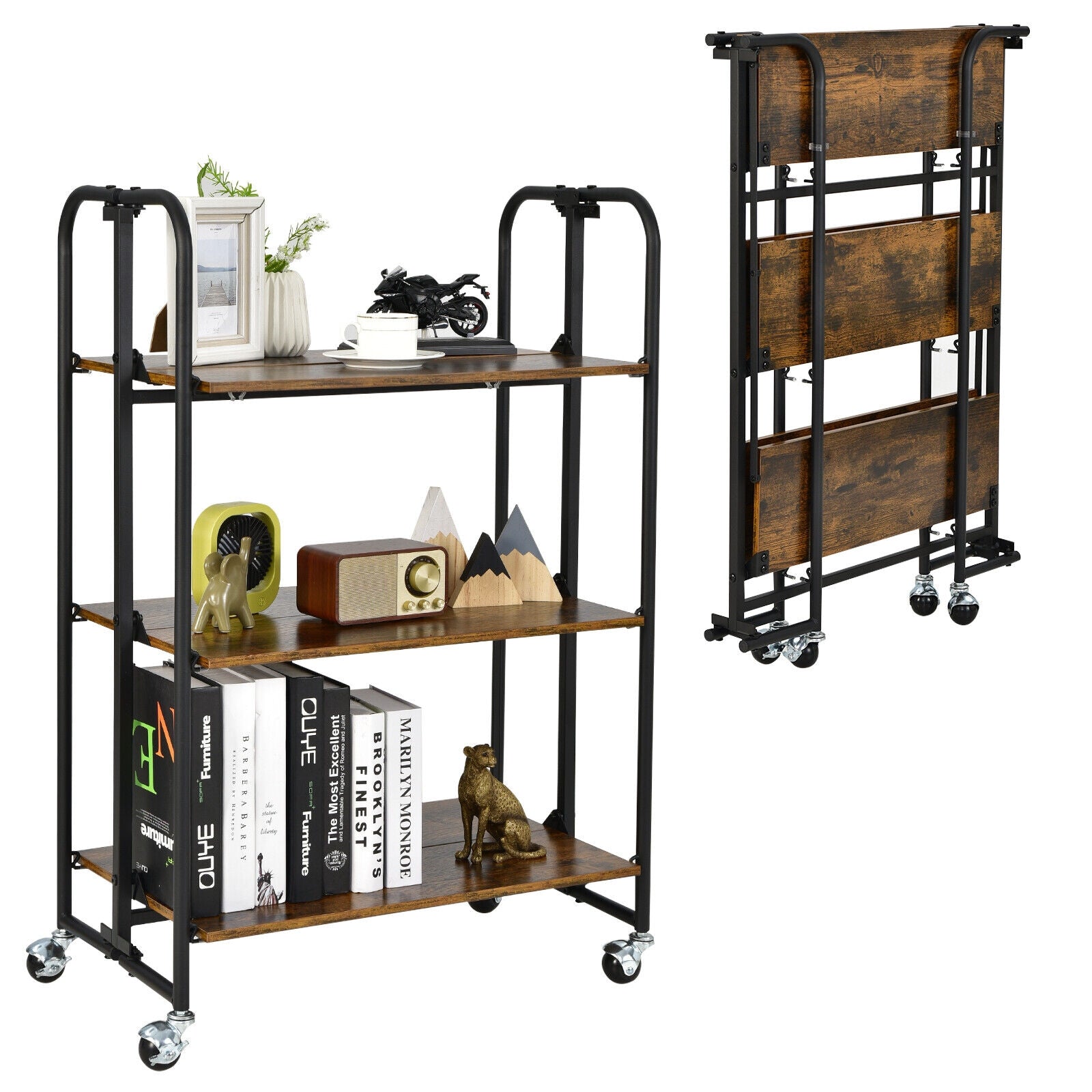 Foldable Rolling Cart with Storage Shelves for Kitchen-3-Tier, Rustic Brown Kitchen Islands & Carts at Gallery Canada