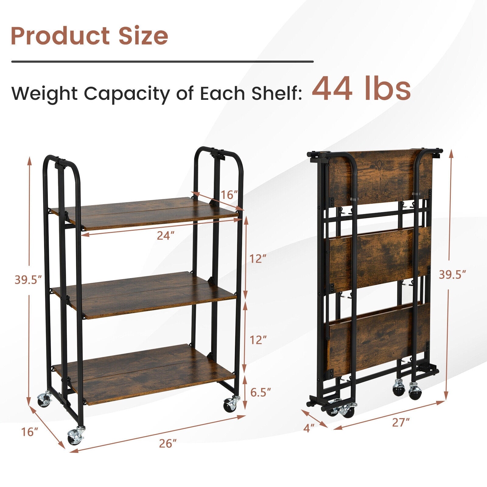 Foldable Rolling Cart with Storage Shelves for Kitchen-3-Tier, Rustic Brown Kitchen Islands & Carts at Gallery Canada