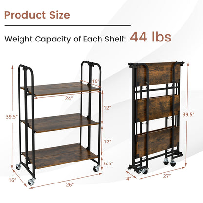 Foldable Rolling Cart with Storage Shelves for Kitchen-3-Tier, Rustic Brown Kitchen Islands & Carts at Gallery Canada
