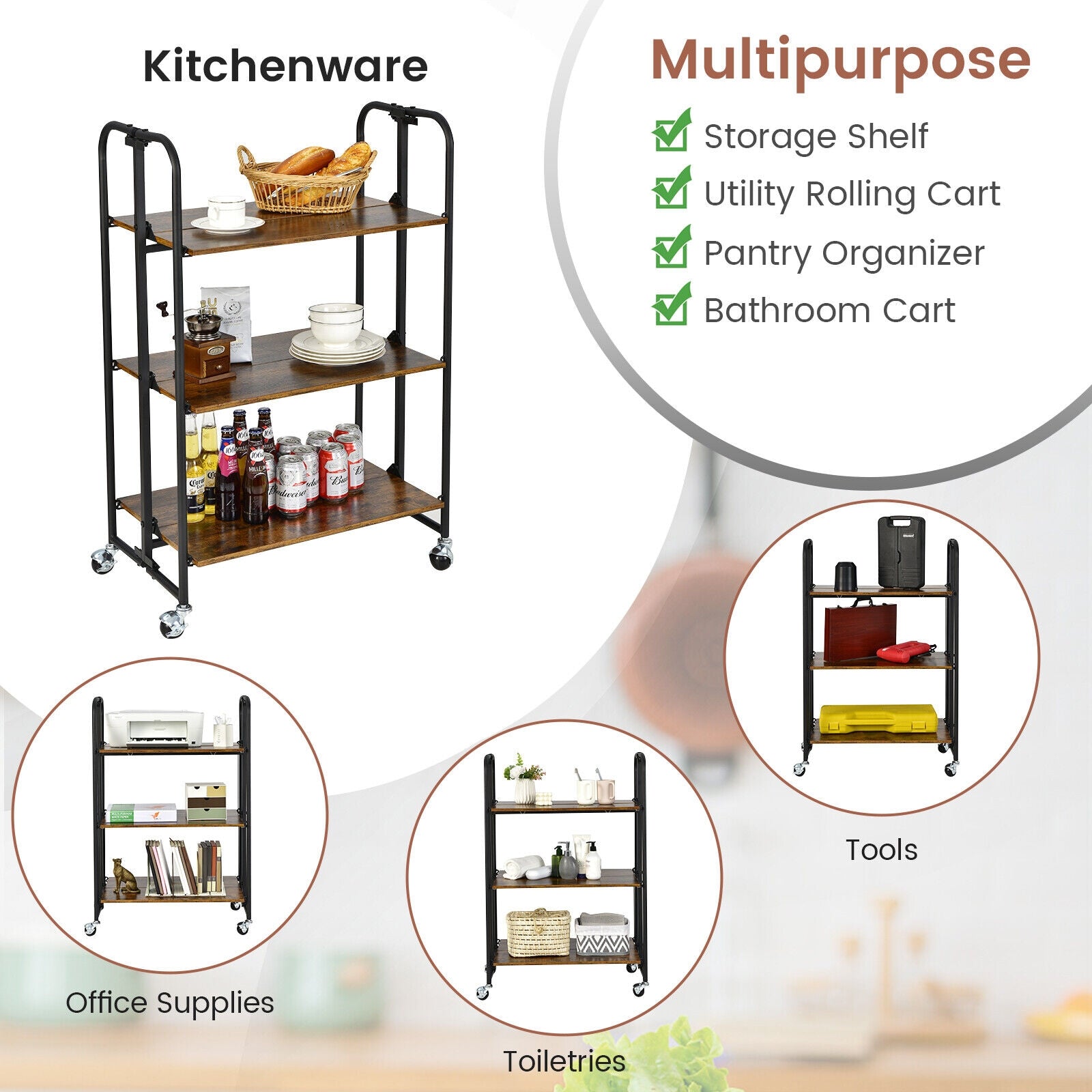 Foldable Rolling Cart with Storage Shelves for Kitchen-3-Tier, Rustic Brown Kitchen Islands & Carts at Gallery Canada