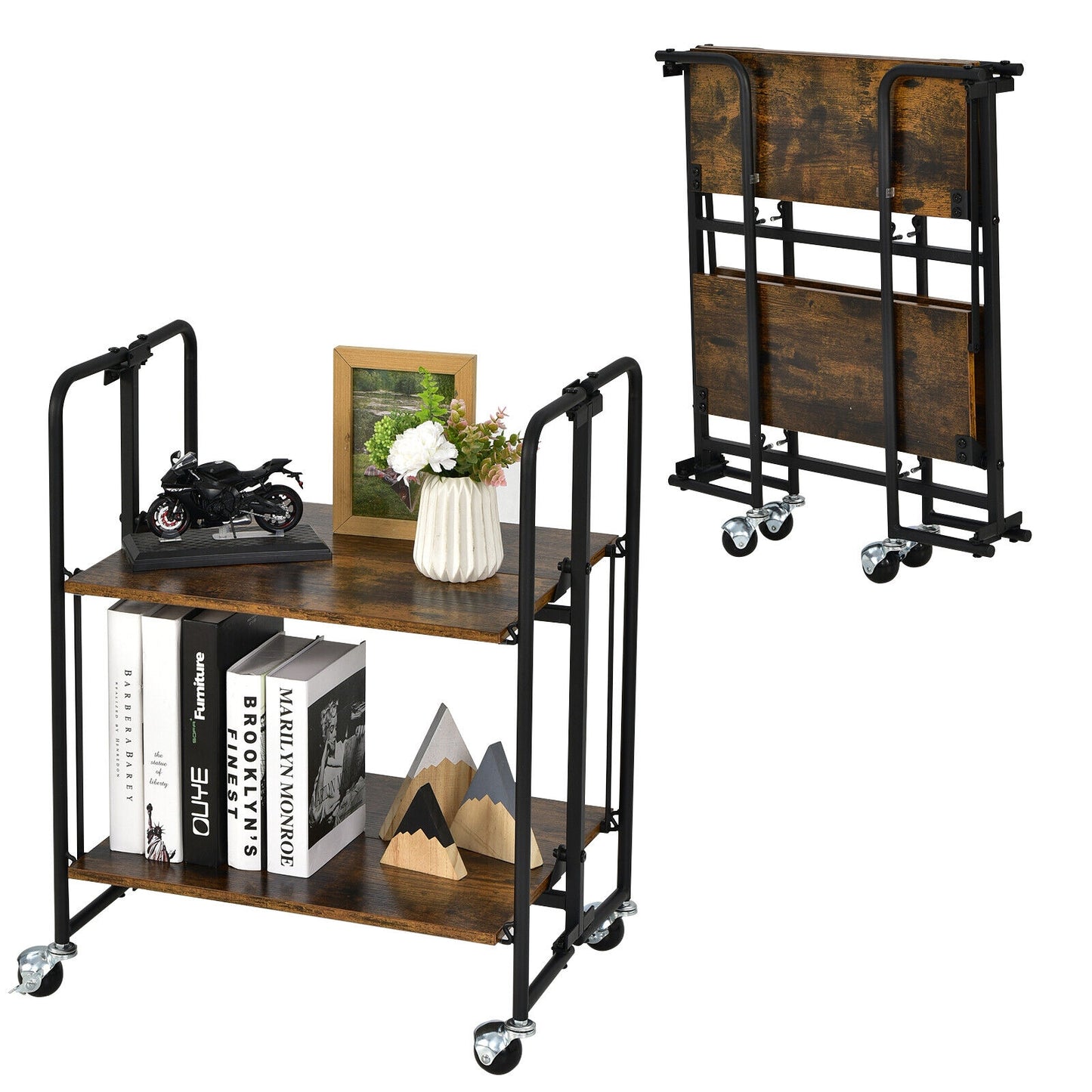 Folding Rolling Cart with Metal Frame-2-Tier, Rustic Brown Kitchen Islands & Carts at Gallery Canada