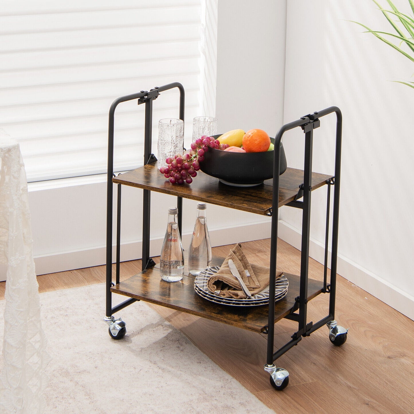 Folding Rolling Cart with Metal Frame-2-Tier, Rustic Brown Kitchen Islands & Carts at Gallery Canada