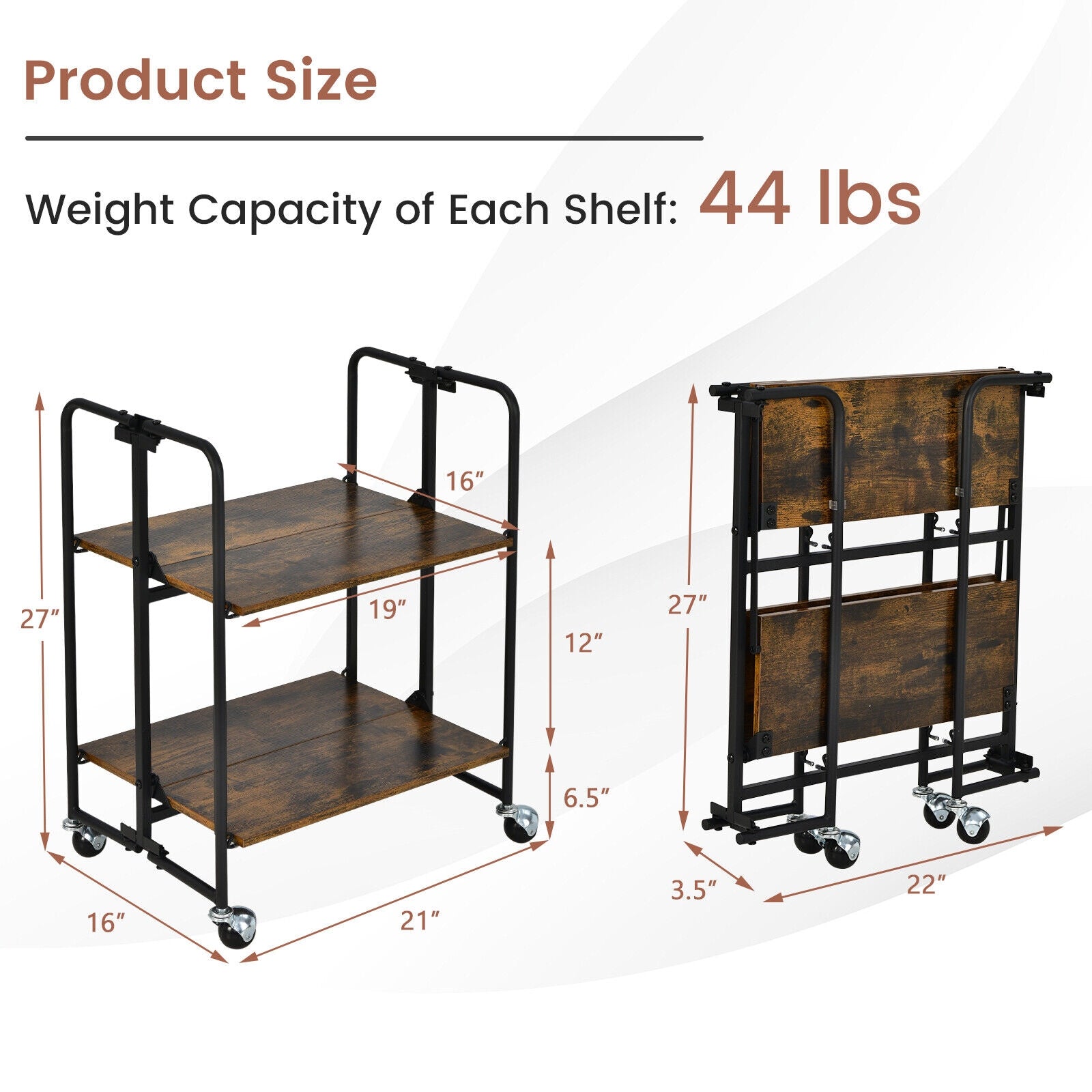 Folding Rolling Cart with Metal Frame-2-Tier, Rustic Brown Kitchen Islands & Carts at Gallery Canada