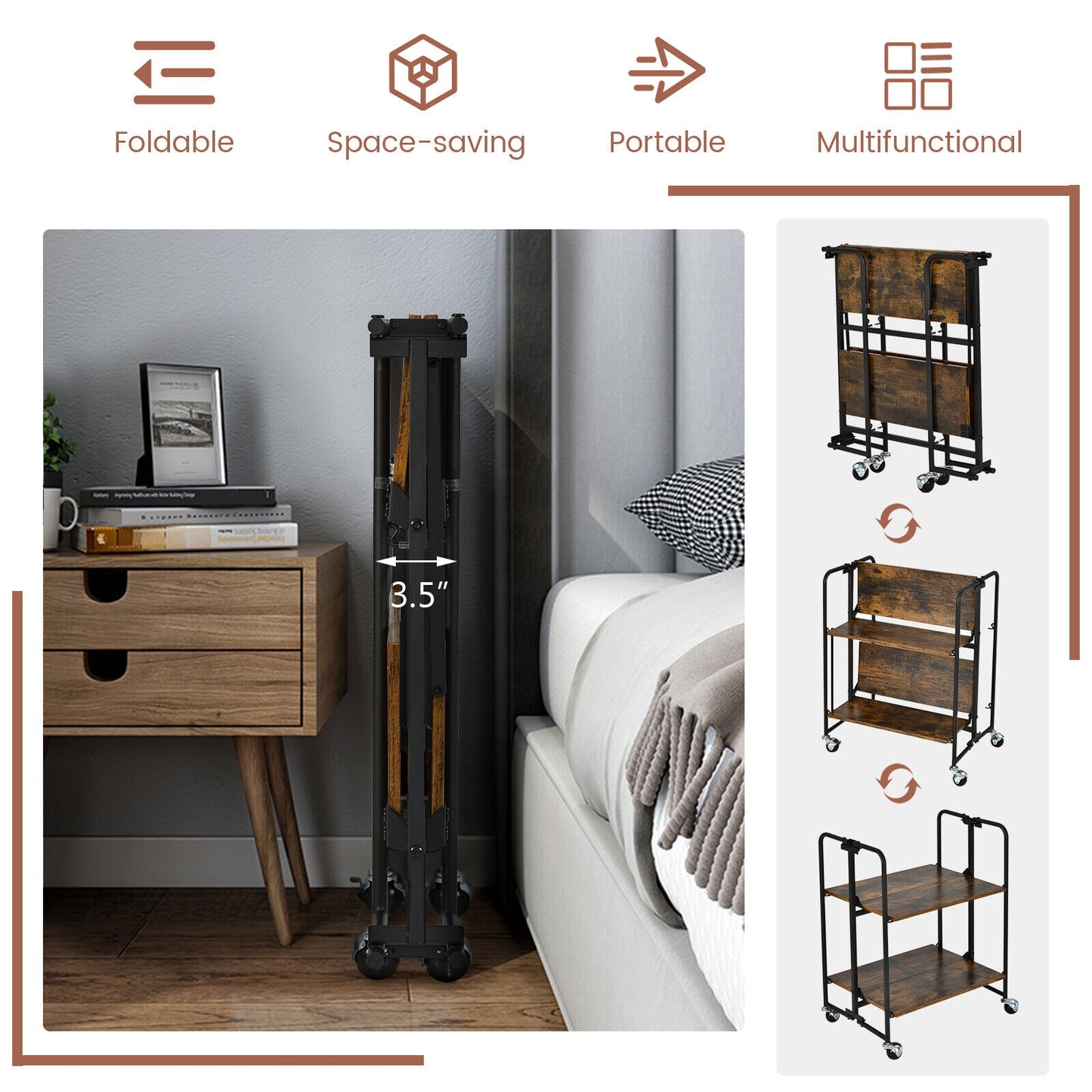 Folding Rolling Cart with Metal Frame-2-Tier, Rustic Brown Kitchen Islands & Carts at Gallery Canada