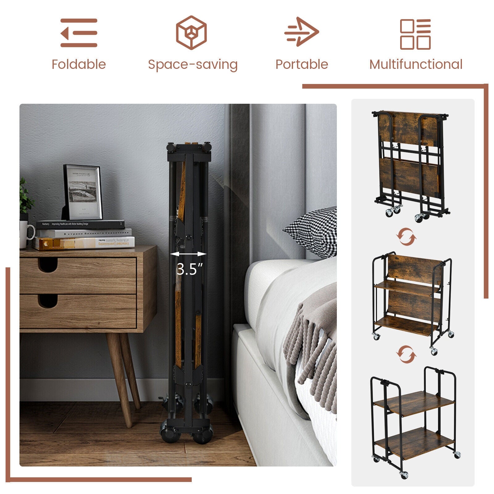 Folding Rolling Cart with Metal Frame-2-Tier, Rustic Brown Kitchen Islands & Carts at Gallery Canada