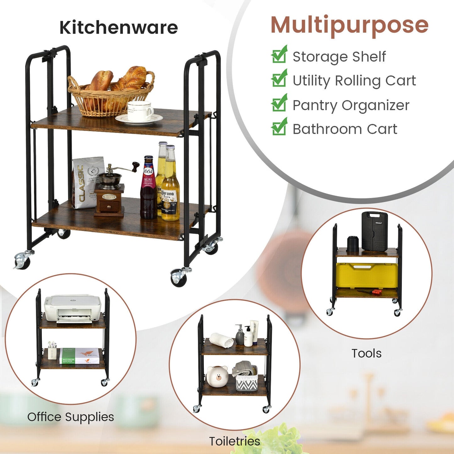 Folding Rolling Cart with Metal Frame-2-Tier, Rustic Brown Kitchen Islands & Carts at Gallery Canada