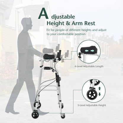 Height Adjustable Folding Walker with 5 Inch Wheels and Padded Armrest, Silver