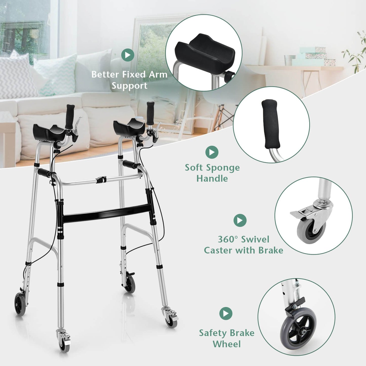 Height Adjustable Folding Walker with 5 Inch Wheels and Padded Armrest, Silver at Gallery Canada