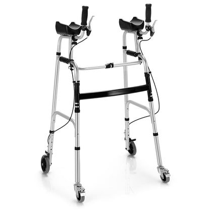 Height Adjustable Folding Walker with 5 Inch Wheels and Padded Armrest, Silver