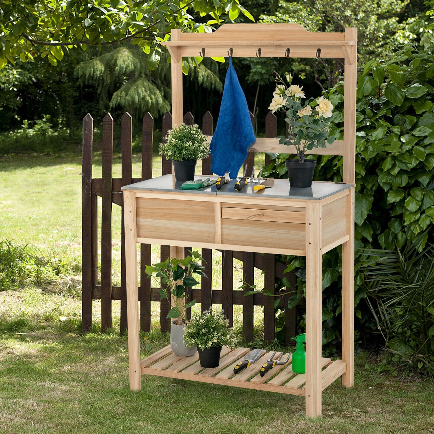 Outdoor Garden Potting Bench Table with Metal Top Open Shelf, Natural - Gallery Canada