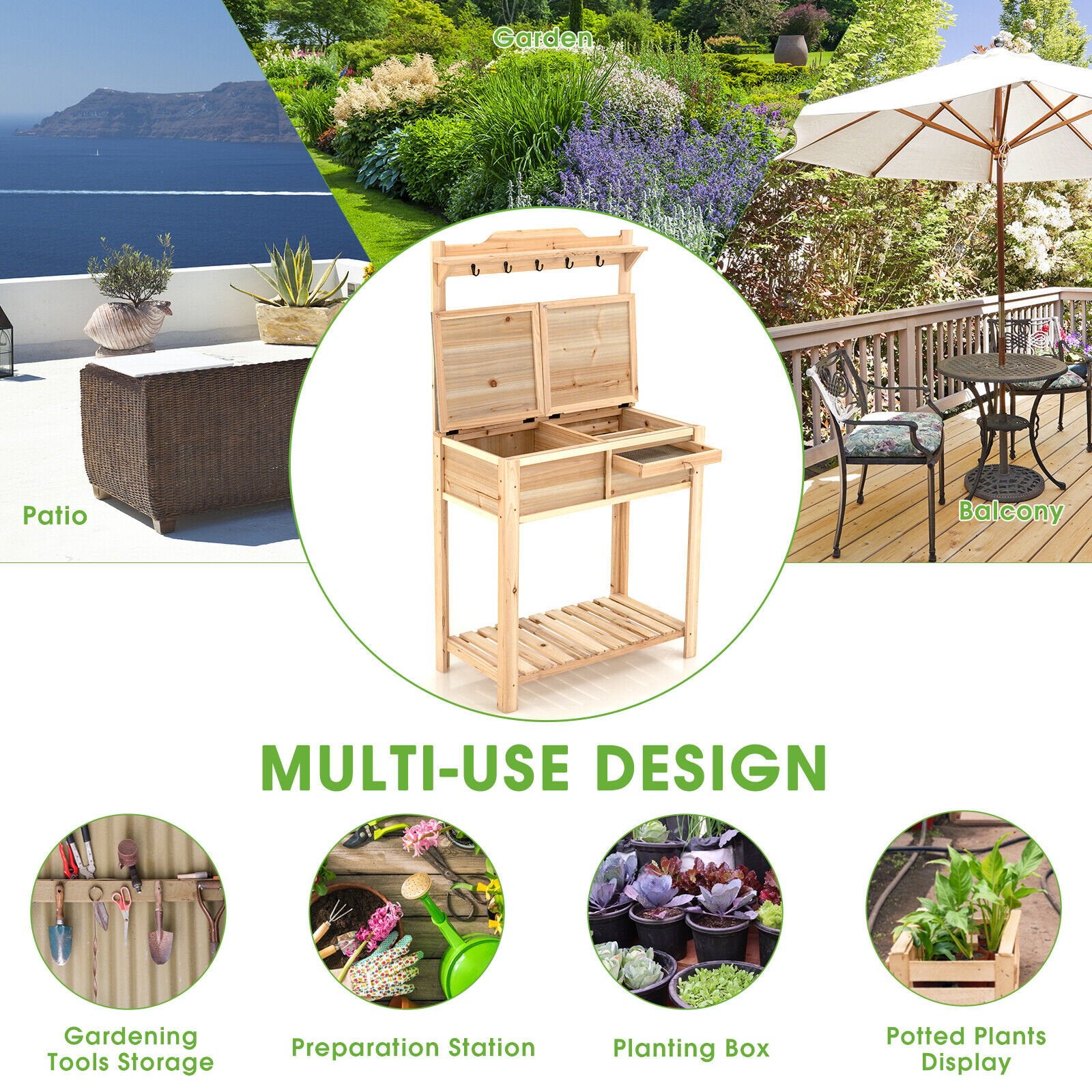 Outdoor Garden Potting Bench Table with Metal Top Open Shelf, Natural - Gallery Canada