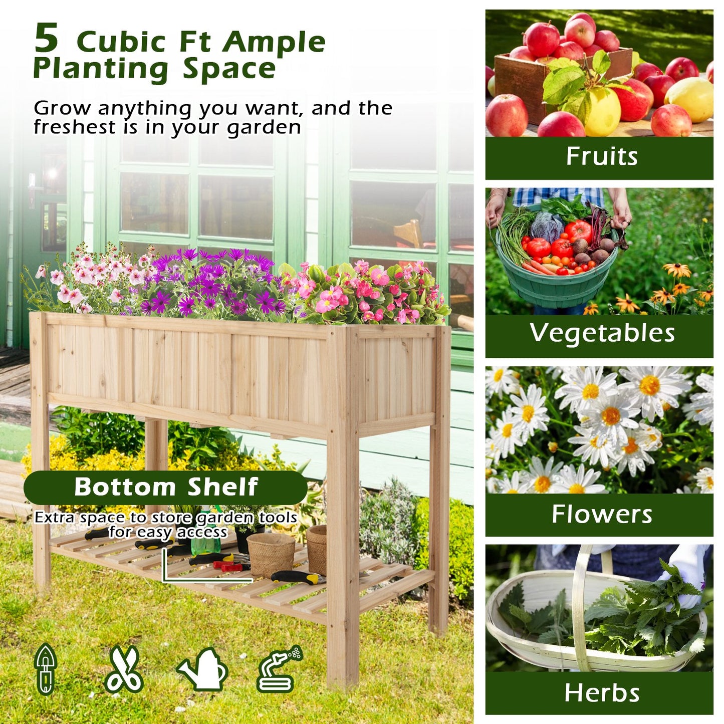 47 Inch Wooden Raised Garden Bed with Bottom Shelf and Bed Liner, Natural - Gallery Canada