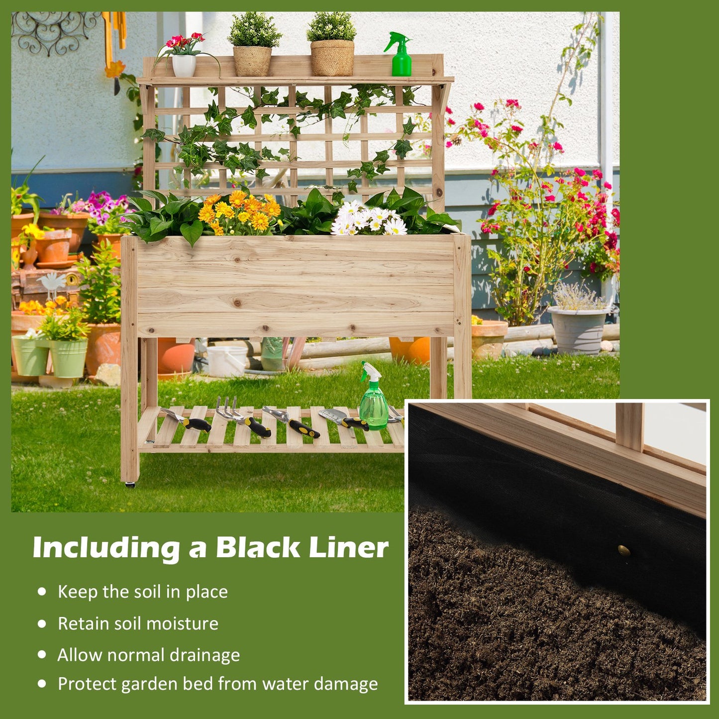 Wooden Raised Garden Bed with Wheels Trellis and Storage Shelf, Natural - Gallery Canada