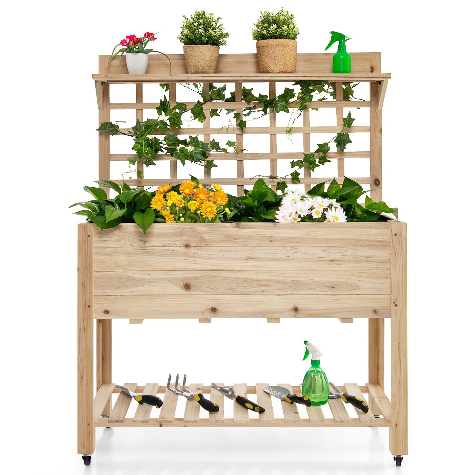 Wooden Raised Garden Bed with Wheels Trellis and Storage Shelf, Natural at Gallery Canada