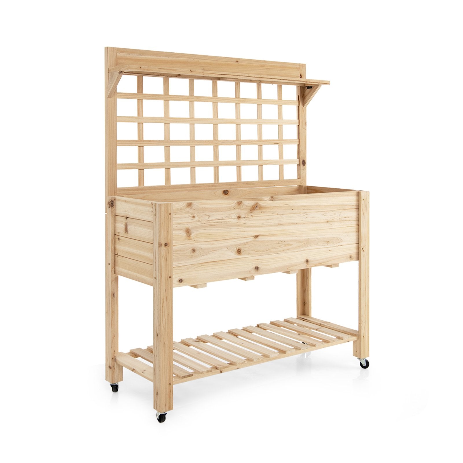 Wooden Raised Garden Bed with Wheels Trellis and Storage Shelf, Natural at Gallery Canada