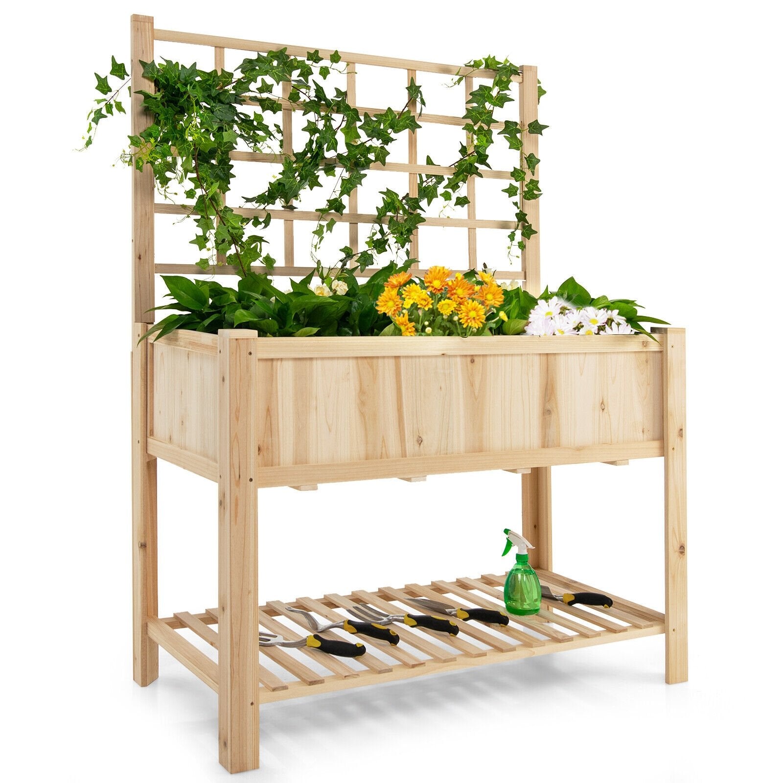 Costway Raised Garden Bed Elevated Wooden Planter Box with Trellis, Natural - Gallery Canada