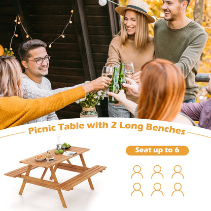 6 Person Picnic Table Set Patio Rectangle with 2 Built-in Benches and Umbrella Hole, Natural at Gallery Canada