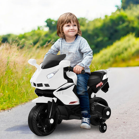 6V Kids Ride on Motorbike with Training Wheels and Music, White - Gallery Canada