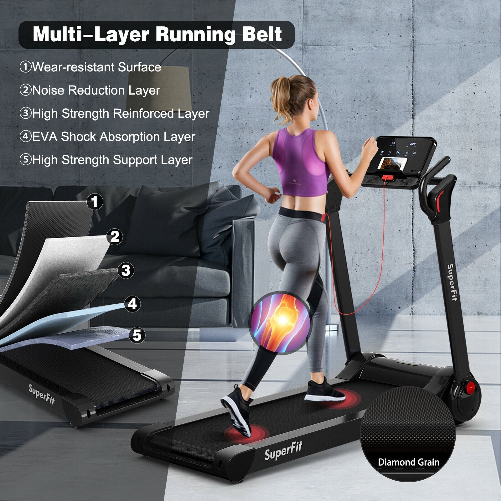2.25 HP Electric Motorized Folding Running Treadmill Machine with LED Display and APP Control, Black Treadmills at Gallery Canada