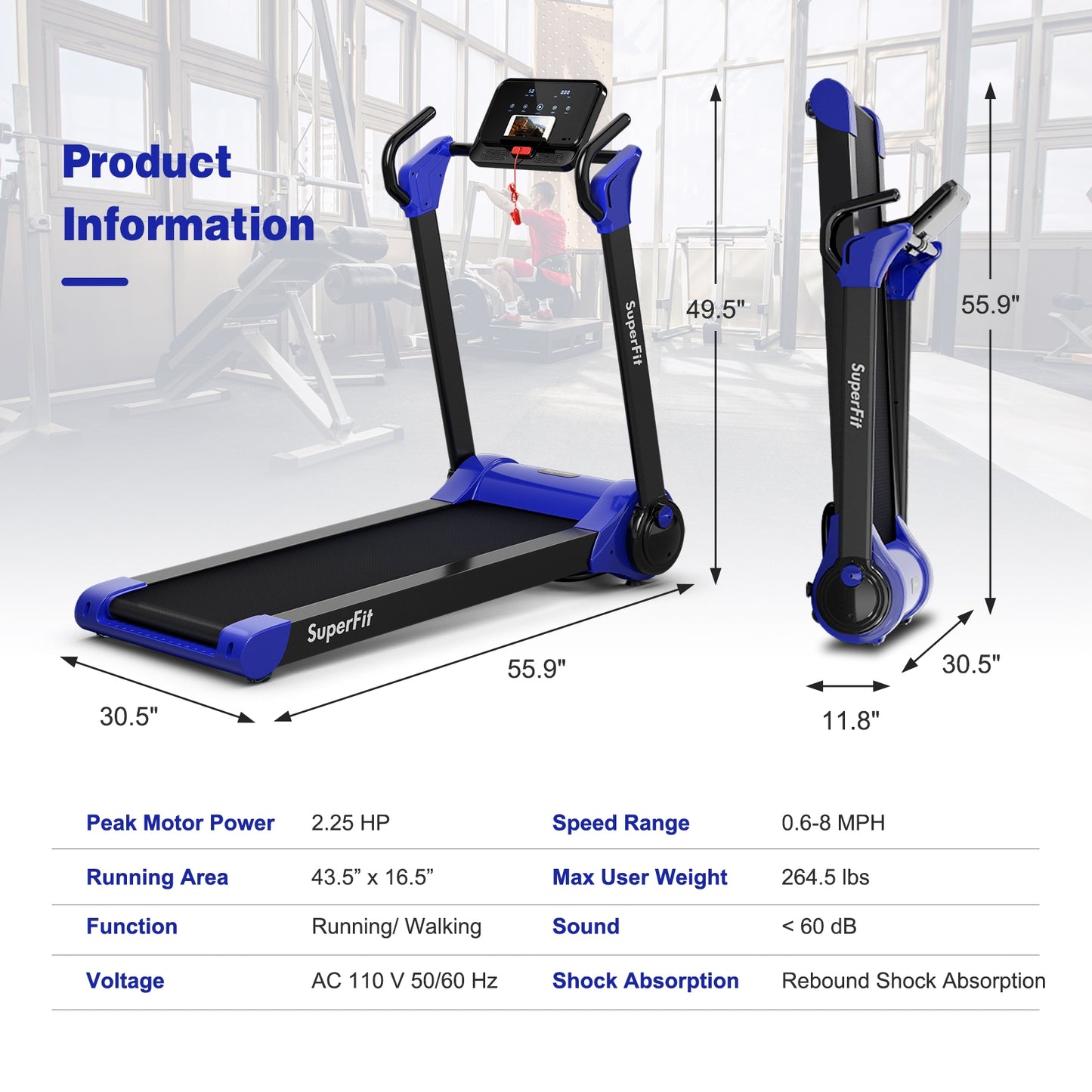 2.25 HP Electric Motorized Folding Running Treadmill Machine with LED Display and APP Control, Navy Treadmills at Gallery Canada