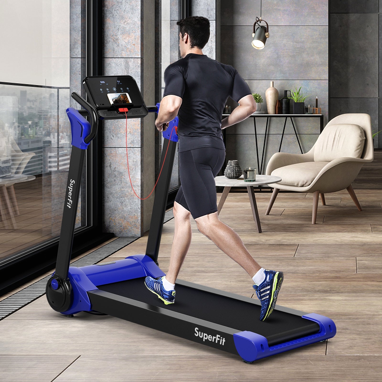 2.25 HP Electric Motorized Folding Running Treadmill Machine with LED Display and APP Control, Navy Treadmills at Gallery Canada