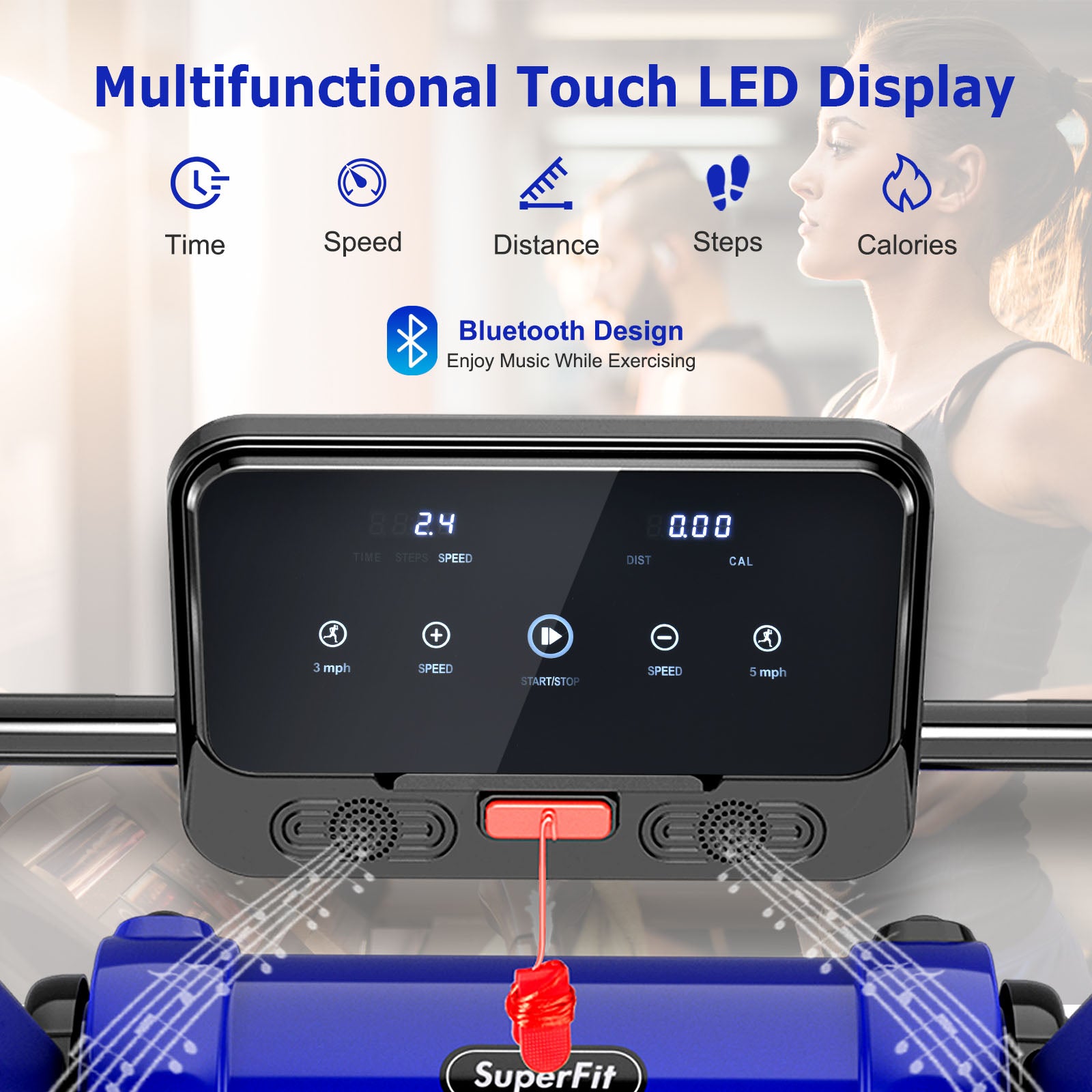 2.25 HP Electric Motorized Folding Running Treadmill Machine with LED Display and APP Control, Navy Treadmills at Gallery Canada