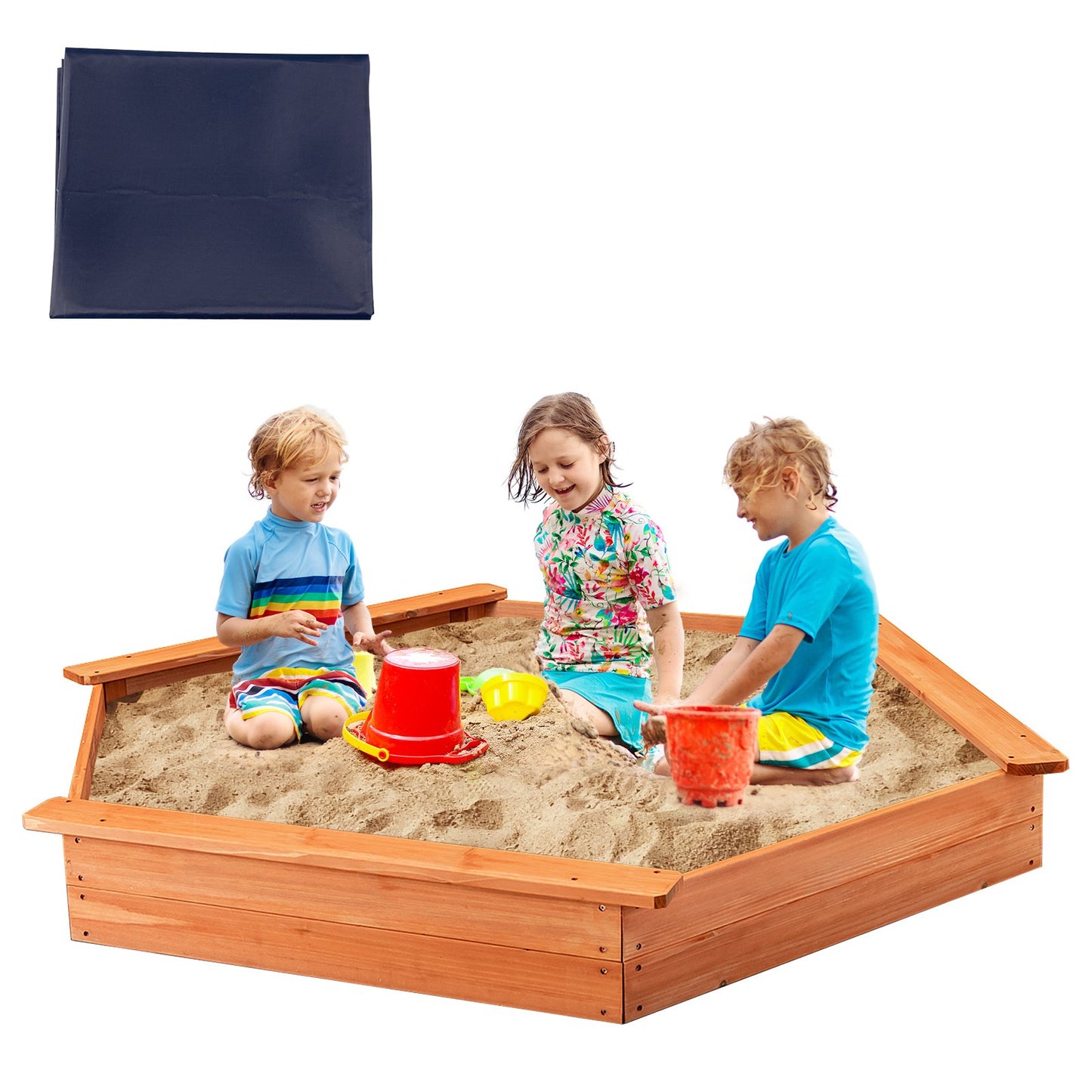Hexagon Wooden Cedar Sand Box with Seat Boards, Brown