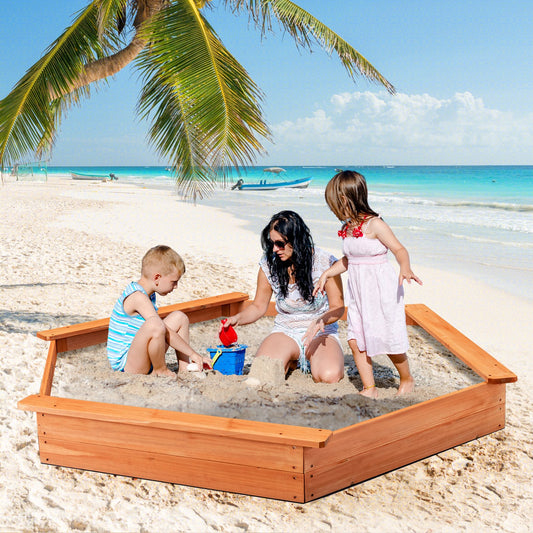 Hexagon Wooden Cedar Sand Box with Seat Boards, Brown - Gallery Canada