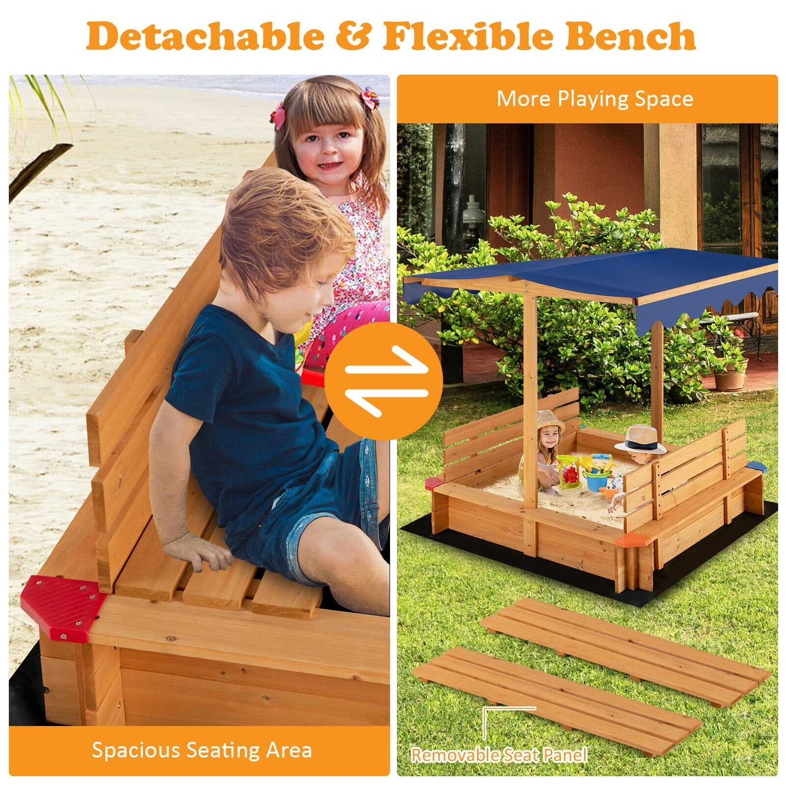 Kids Wooden Sandbox with Canopy and 2 Bench Seats, Natural - Gallery Canada