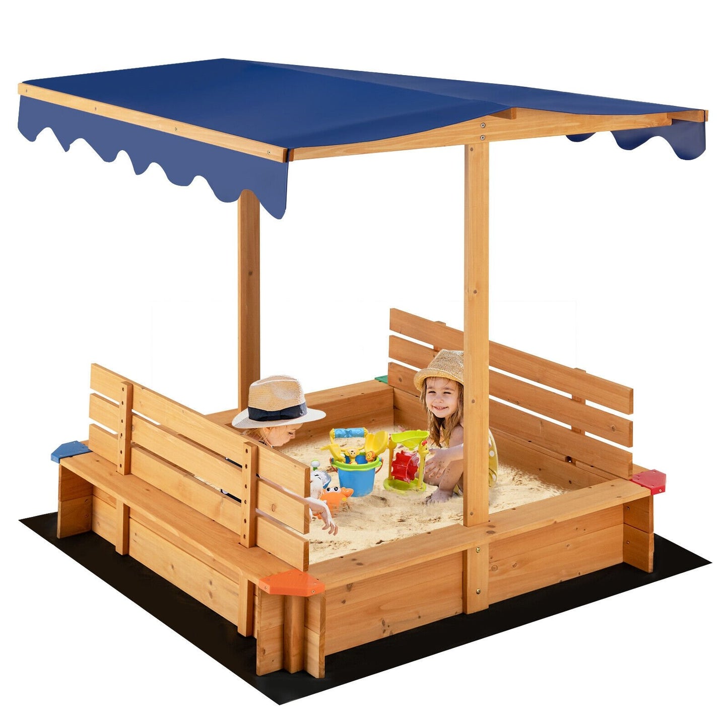 Kids Wooden Sandbox with Canopy and 2 Bench Seats, Natural - Gallery Canada
