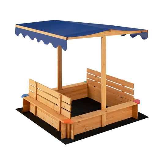 Kids Wooden Sandbox with Canopy and 2 Bench Seats, Natural
