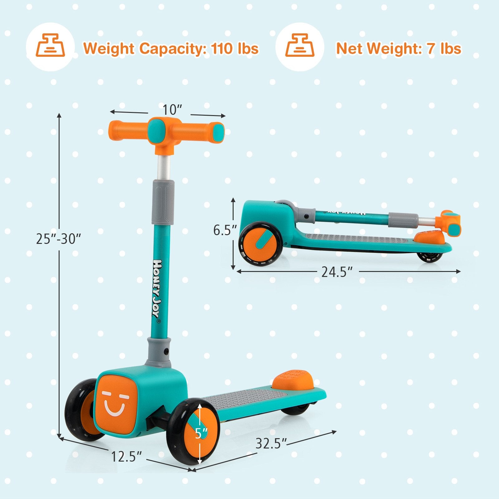 Folding Adjustable Kids Toy Scooter with LED Flashing Wheels Horn 4 Emoji Covers, Green - Gallery Canada