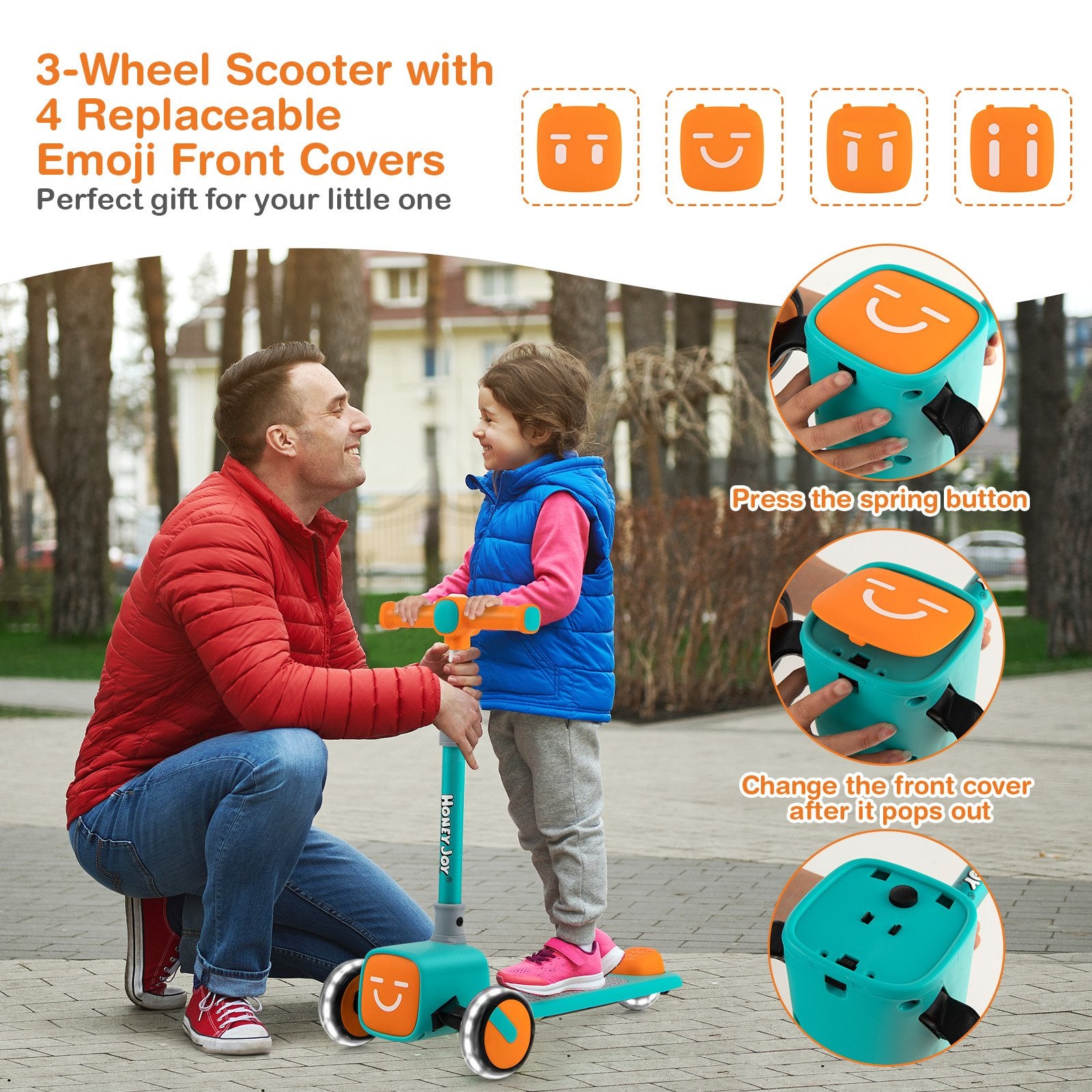 Folding Adjustable Kids Toy Scooter with LED Flashing Wheels Horn 4 Emoji Covers, Green - Gallery Canada