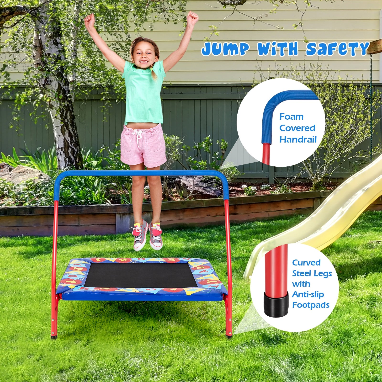 36 Inch Kids Indoor Outdoor Square Trampoline with Foamed Handrail, Blue Trampolines at Gallery Canada
