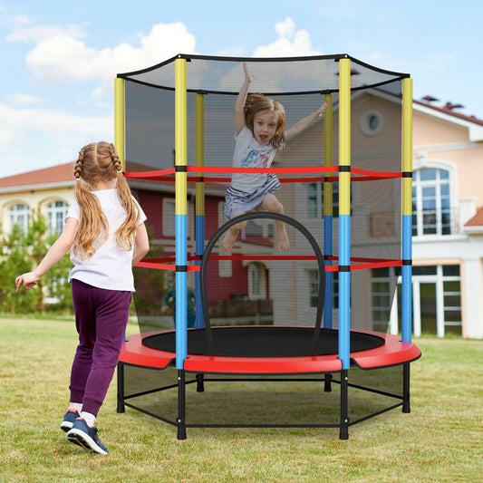 55 Inches Kids Trampoline Recreational Bounce Jumper with Safety Enclosure Net, Multicolor - Gallery Canada