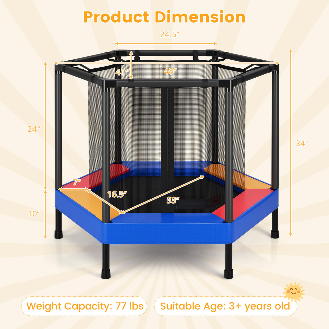48 Inches Hexagonal Kids Trampoline With Foam Padded Handrails - Gallery View 3 of 9