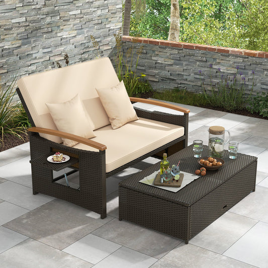 Outdoor Wicker Daybed with Folding Panels and Storage Ottoman, Beige - Gallery Canada