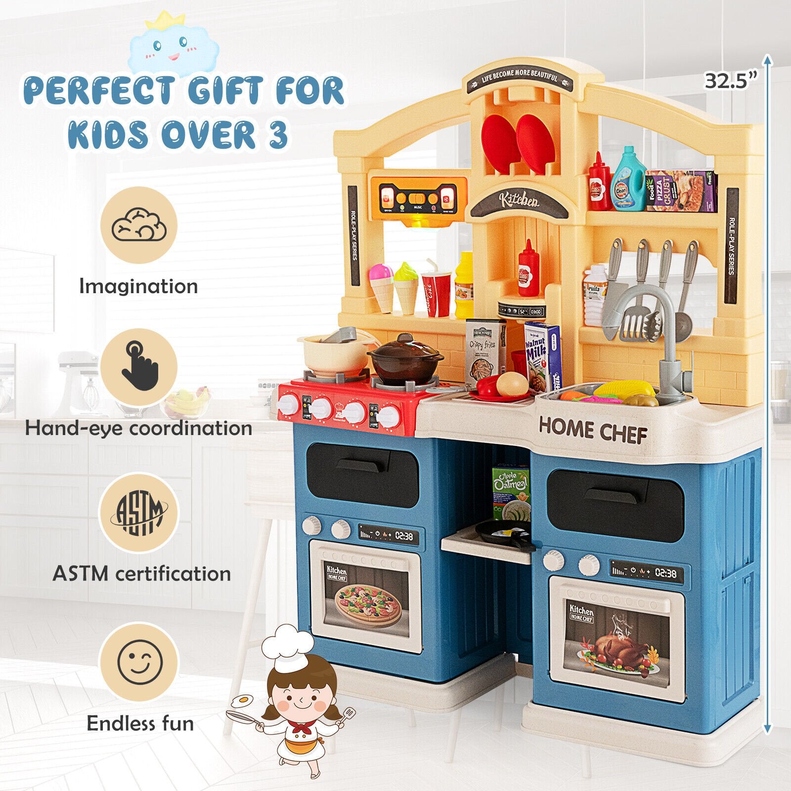 69 Pieces Kitchen Playset Toys with Realistic Lights and Sounds, Blue - Gallery Canada