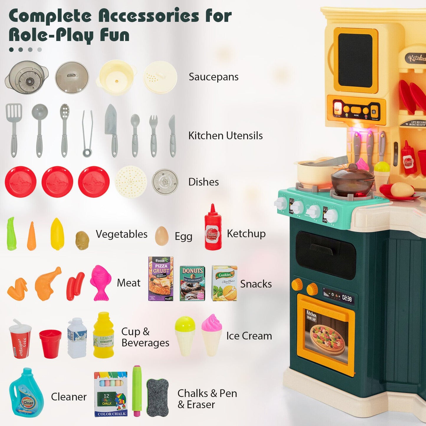 67 Pieces Kid's Kitchen Playset with Vapor and Boil Effects, Green - Gallery Canada