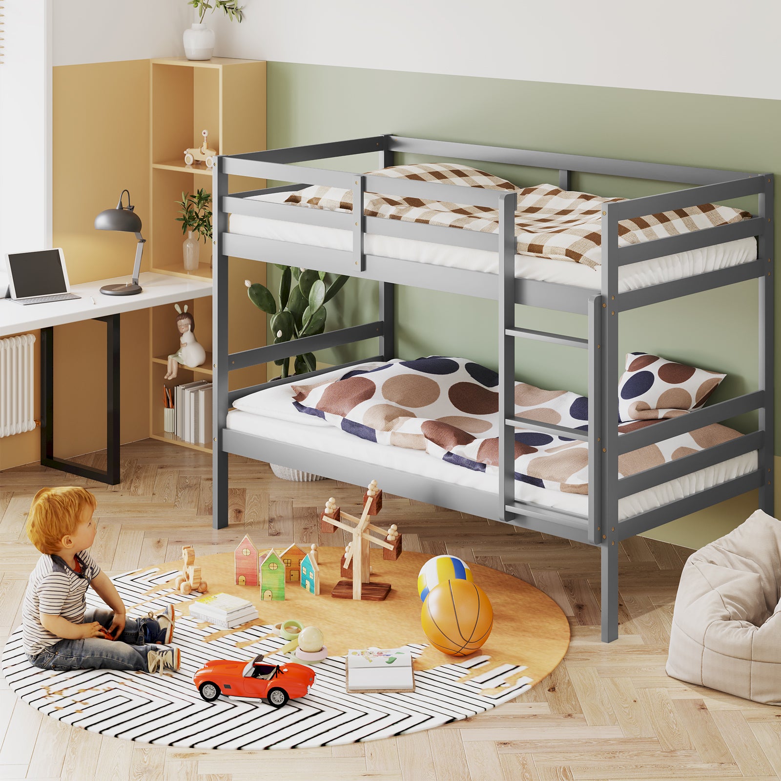 Twin Size Sturdy Wooden Bunk Beds with Ladder and Safety Rail, Gray Bunk Bed Frame at Gallery Canada