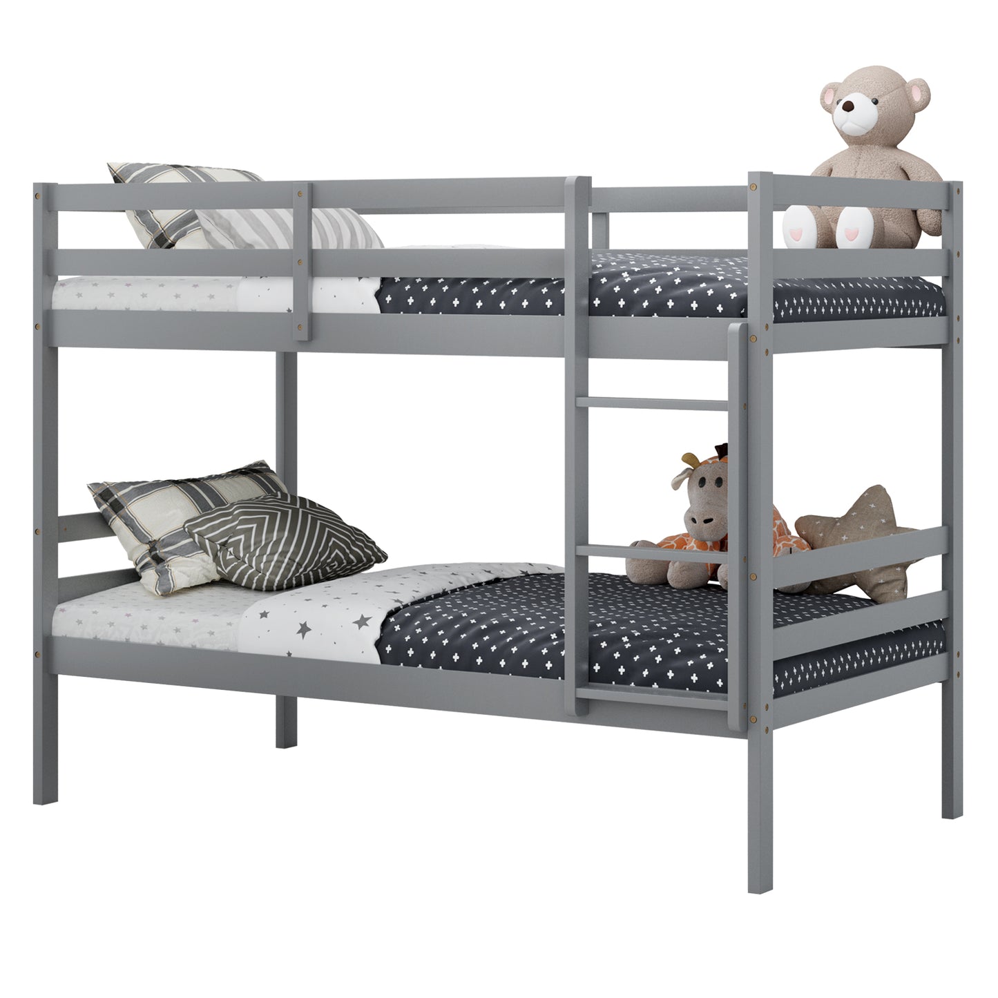 Twin Size Sturdy Wooden Bunk Beds with Ladder and Safety Rail, Gray Bunk Bed Frame Gray at Gallery Canada