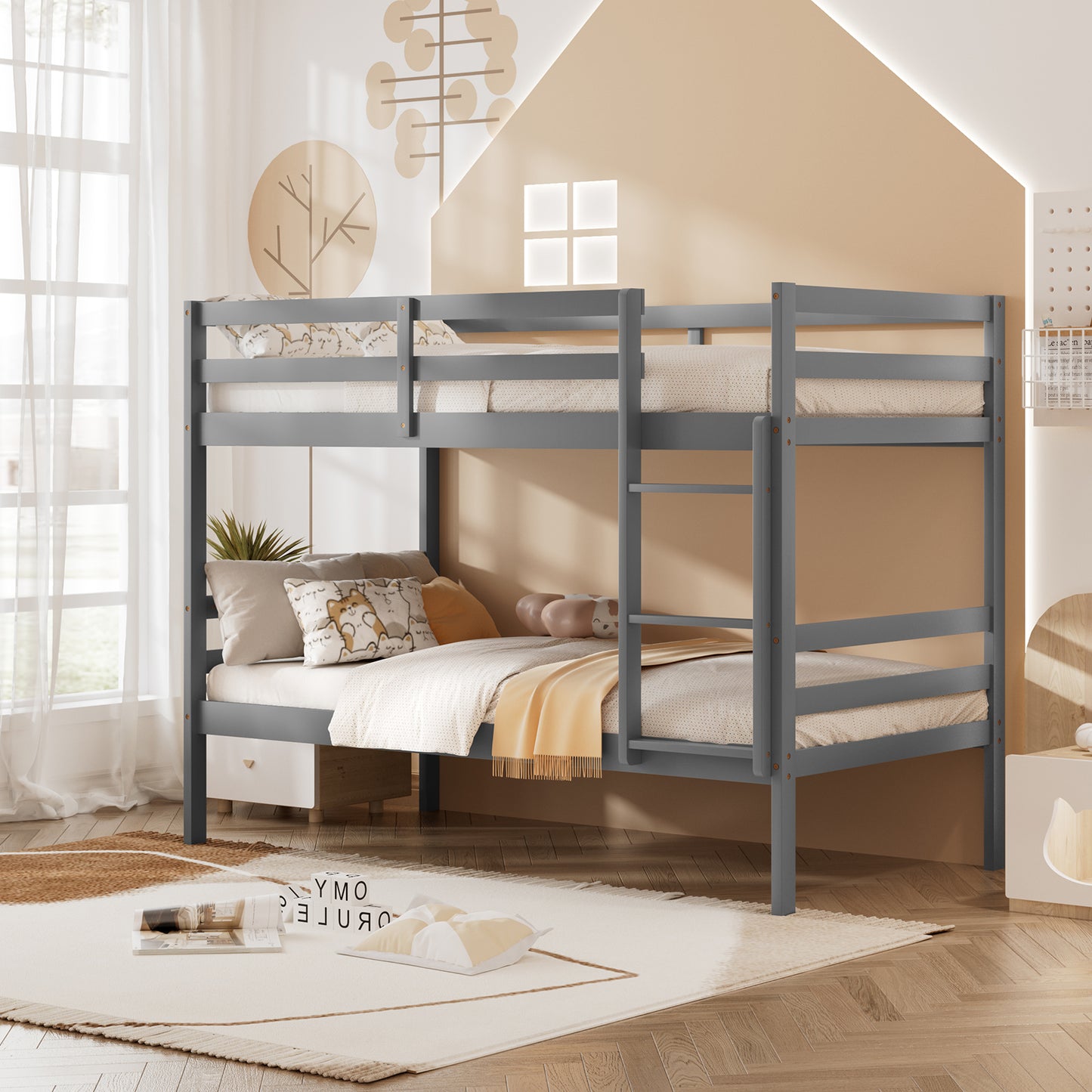 Twin Size Sturdy Wooden Bunk Beds with Ladder and Safety Rail, Gray Bunk Bed Frame at Gallery Canada