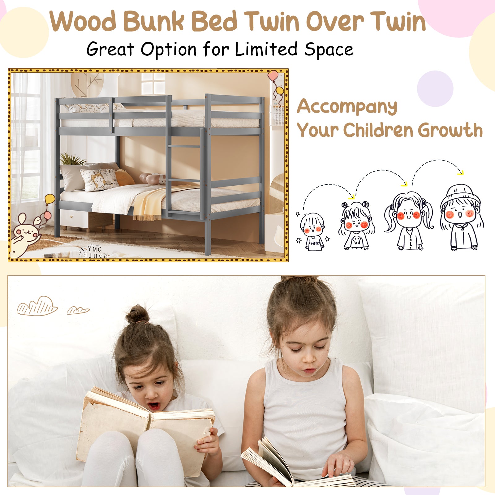 Twin Size Sturdy Wooden Bunk Beds with Ladder and Safety Rail, Gray Bunk Bed Frame at Gallery Canada