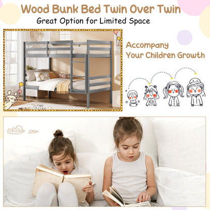Twin Size Sturdy Wooden Bunk Beds with Ladder and Safety Rail, Gray Bunk Bed Frame at Gallery Canada