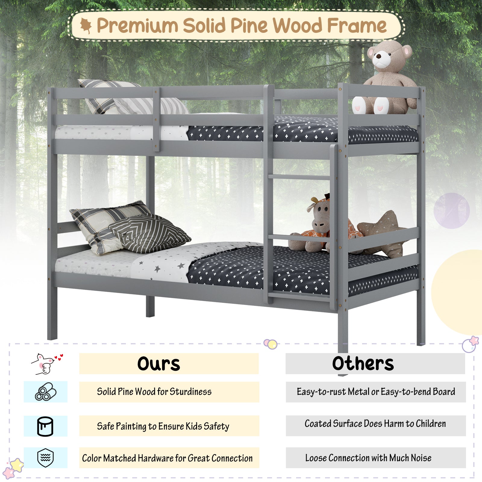 Twin Size Sturdy Wooden Bunk Beds with Ladder and Safety Rail, Gray Bunk Bed Frame at Gallery Canada